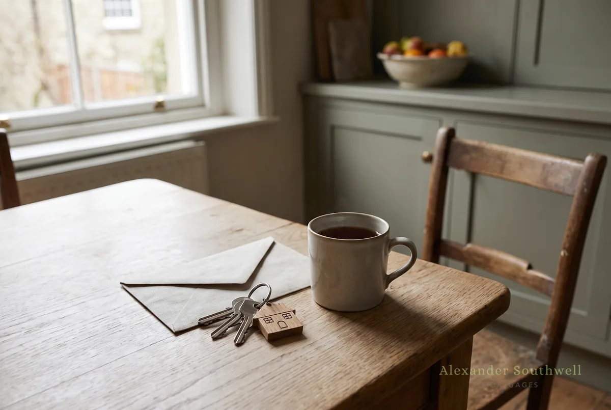 House keys and keyring on a kitchen table after a first time buyer mortgage completes