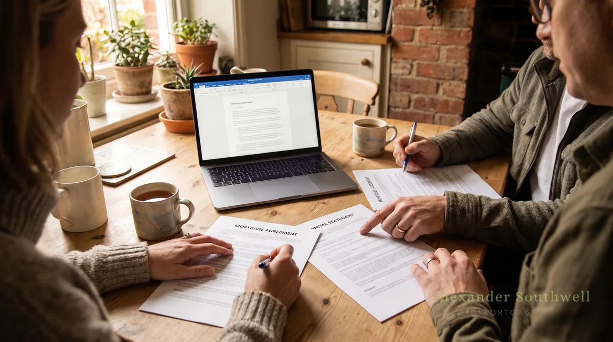 A parent and their adult child going through joint borrower sole proprietor mortgage paperwork at a kitchen table