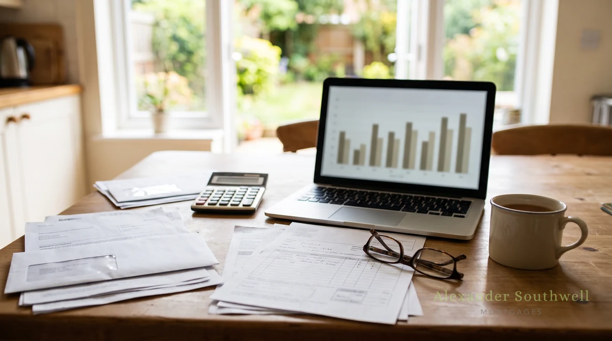 Homeowner comparing a lender renewal offer against whole of market remortgage rates at a kitchen table
