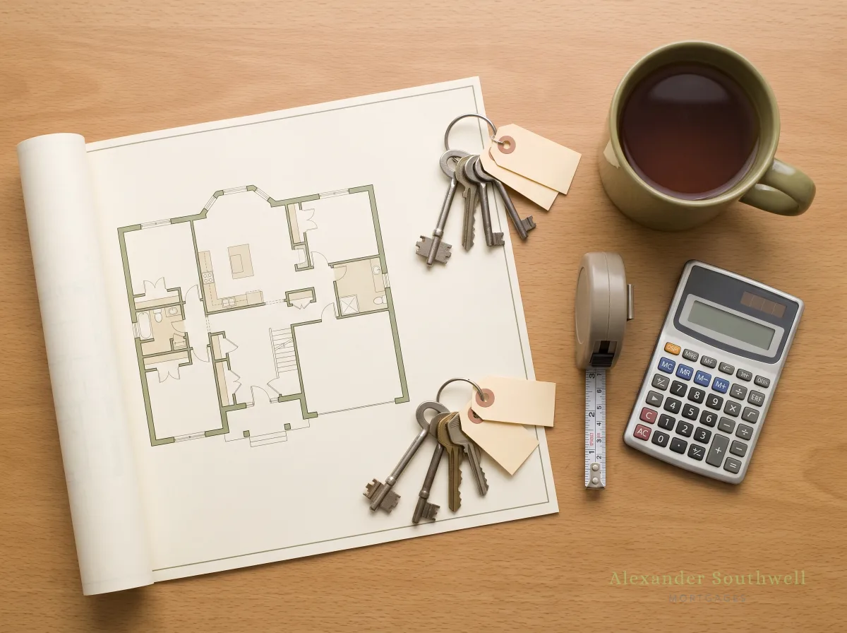 Floor plan of a five bedroom HMO with room keys and a calculator, working out room by room rental income for an HMO mortgage