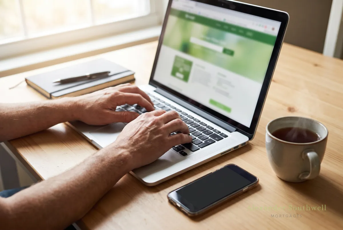 Applying online for a mortgage in principle on a laptop at the kitchen table