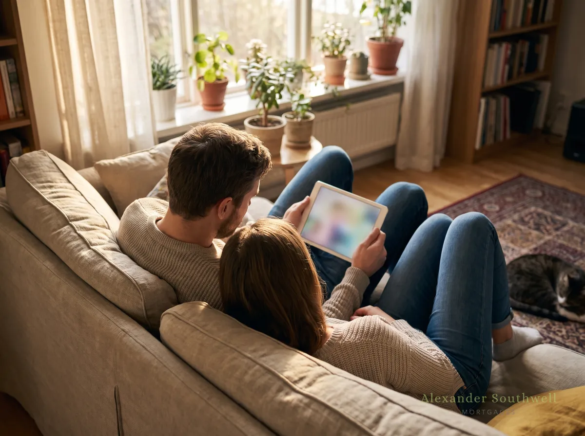 First time buyers on a sofa checking their agreement in principle on a tablet