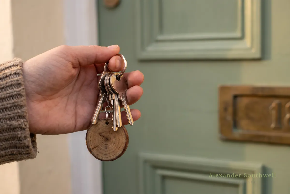 Hand holding new house keys at a green front door after the mortgage offer completes