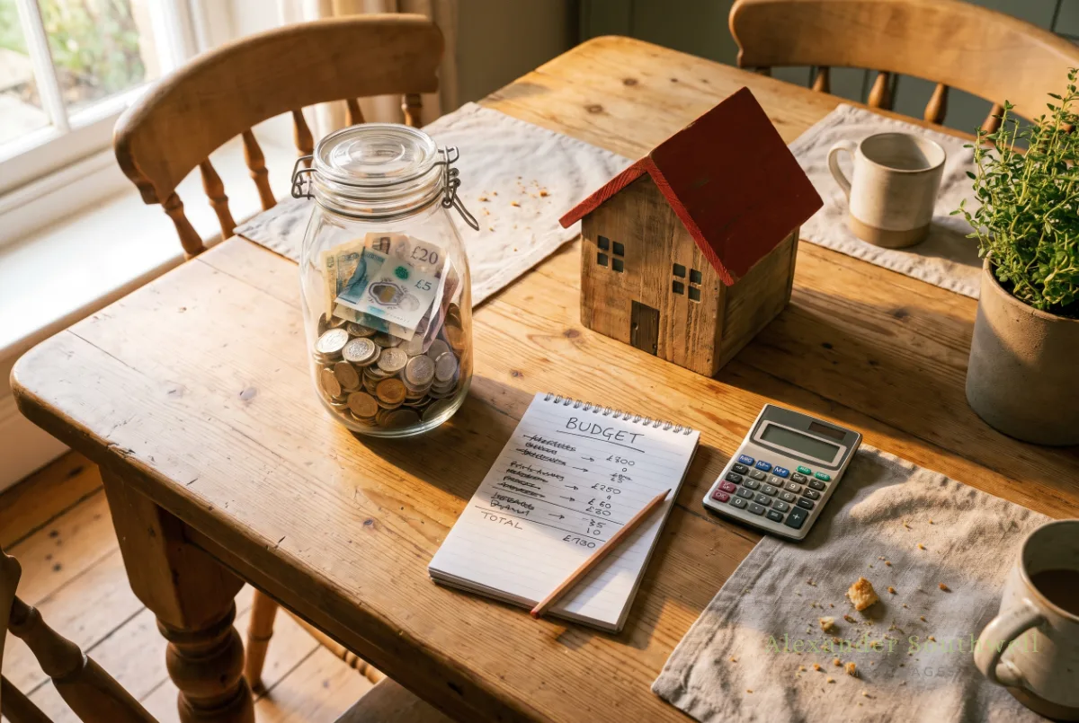 Savings jar of pound coins, a model house and a handwritten budget on a kitchen table, saving a 5% mortgage deposit