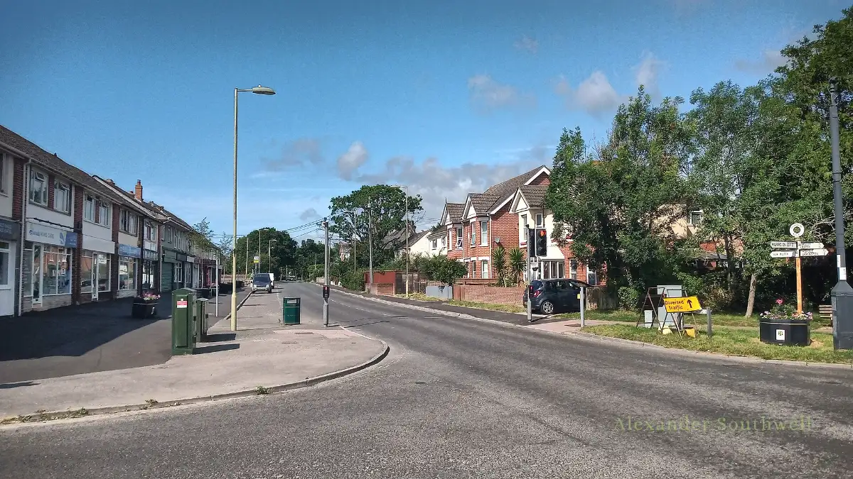 Shops and homes at Ashley crossroads in New Milton, on the edge of the New Forest