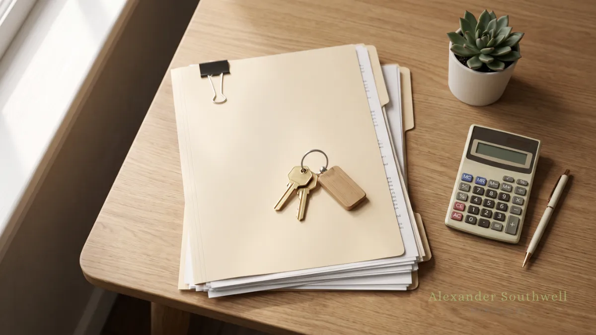 Folder of property documents, house keys and a calculator on a desk, the paperwork behind first time buyer solicitor costs