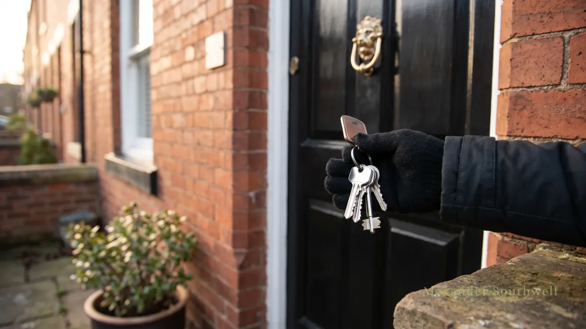 Hand holding new house keys at the black front door of a red brick terraced house on completion day