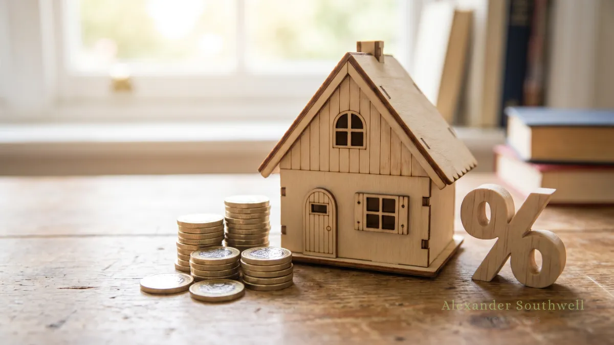 Wooden model house beside stacks of pound coins and a percentage sign, illustrating mortgage interest rates