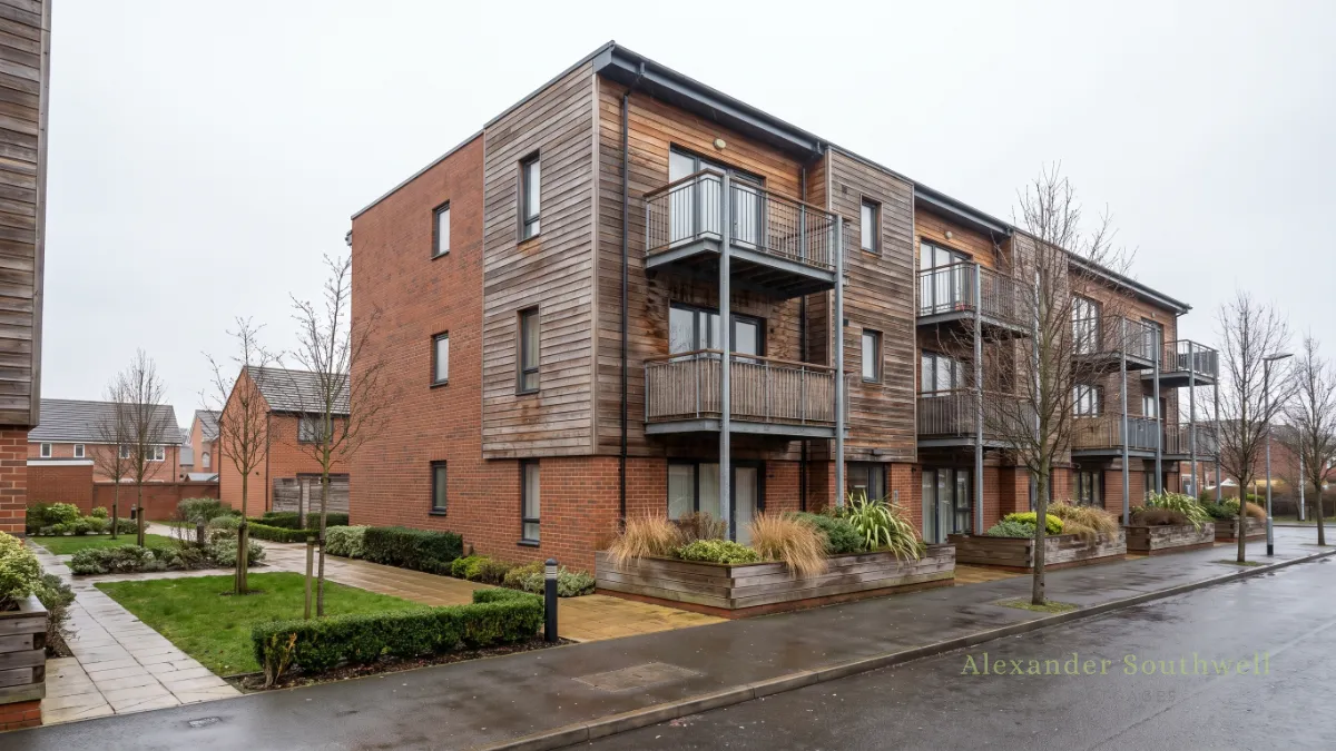 Modern low rise apartment block of the type often offered through shared ownership