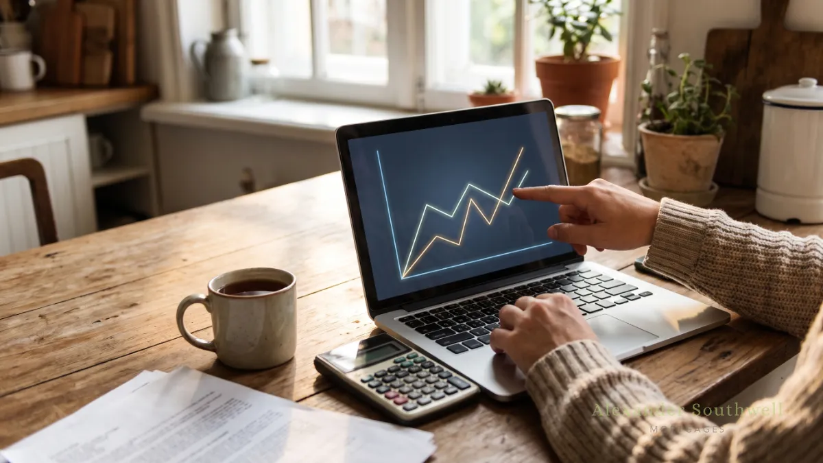 Comparing mortgage deals on a laptop at the kitchen table with a calculator and paperwork