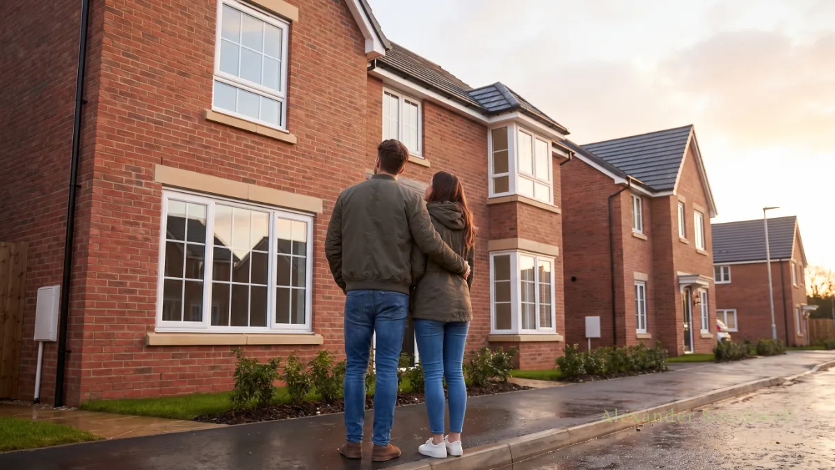 Couple viewed from behind looking at a new build show home