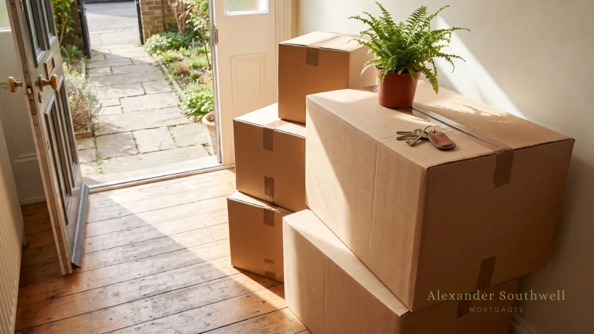 Cardboard moving boxes stacked in the hallway of a newly bought home on moving day