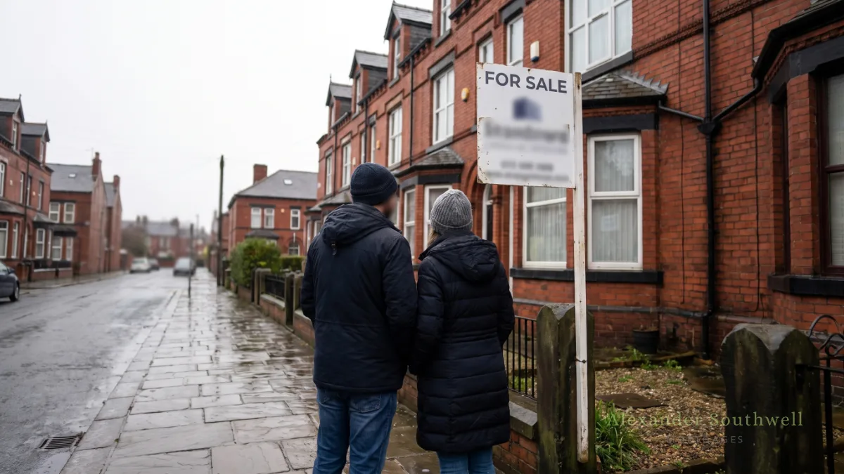 Couple viewed from behind looking at a red brick terraced house for sale in an English town