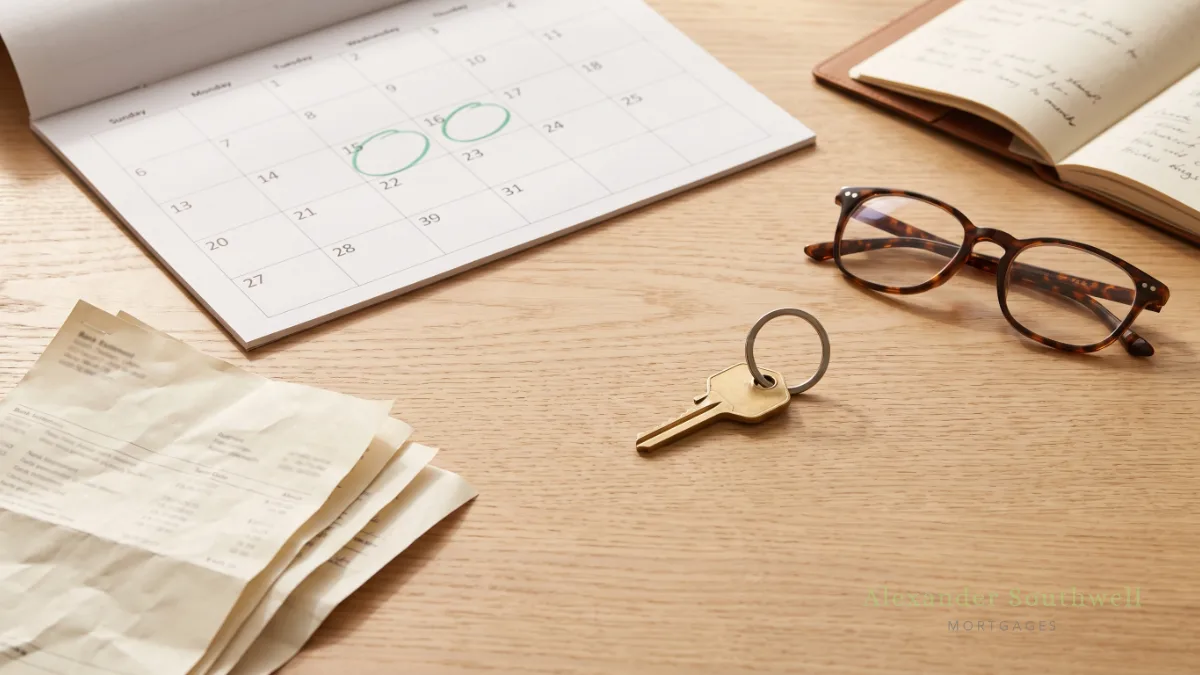 Calendar with dates circled, bank statements and a house key: planning a credit report check months before applying for a mortgage