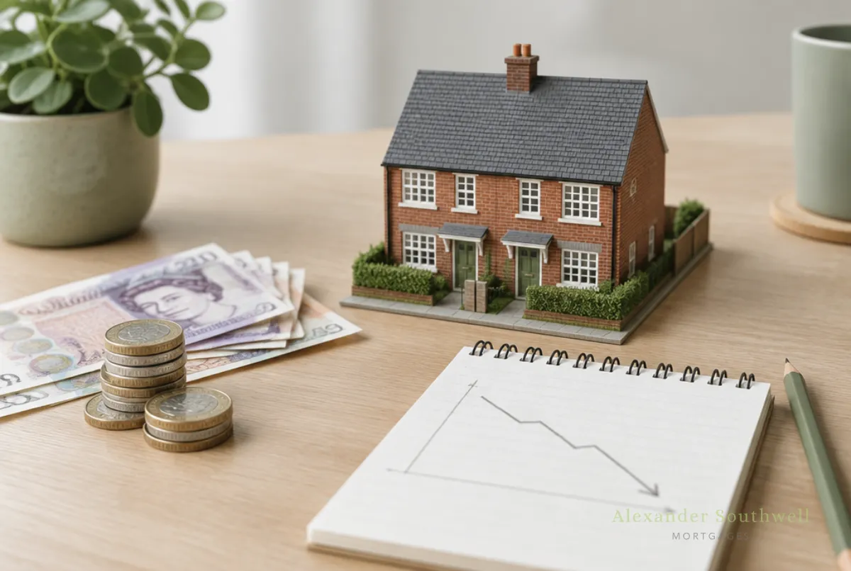 Model house beside pound coins with a falling balance chart on a notepad