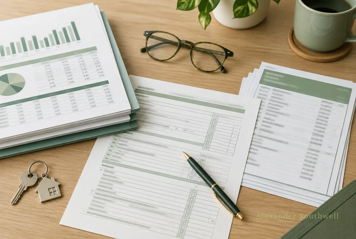 Printed business accounts, a tax calculation and bank statements on a table, the documents needed for a self employed mortgage