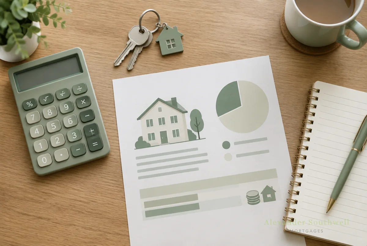 Calculator, house keys and a printed mortgage illustration used to work out a loan to value ratio