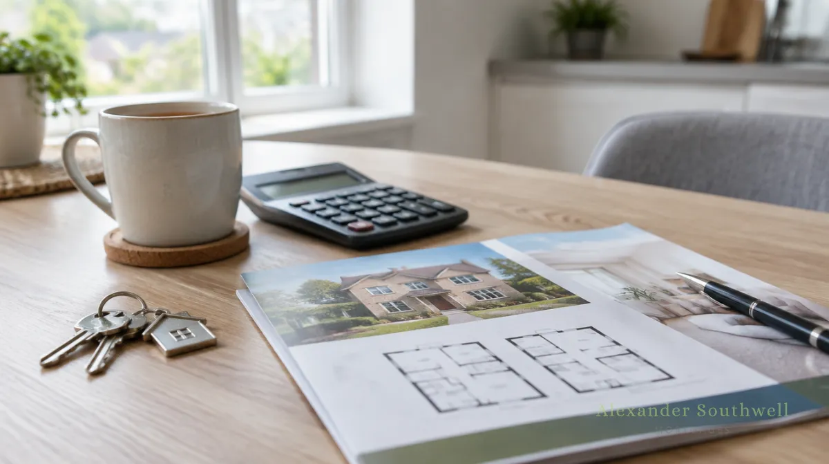 New house keys, a calculator and a homebuyer brochure on a kitchen table, used to work out shared ownership costs