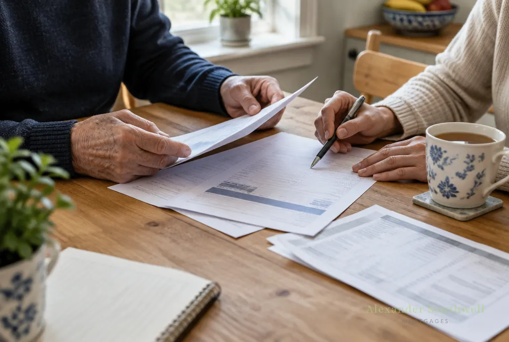 Parent and adult child going through guarantor mortgage paperwork and a savings statement at the kitchen table