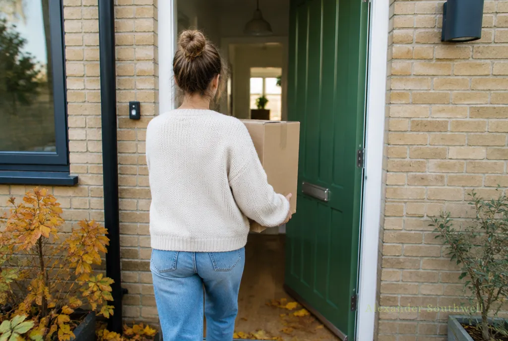First time buyer carrying a moving box into her new home after getting a guarantor mortgage