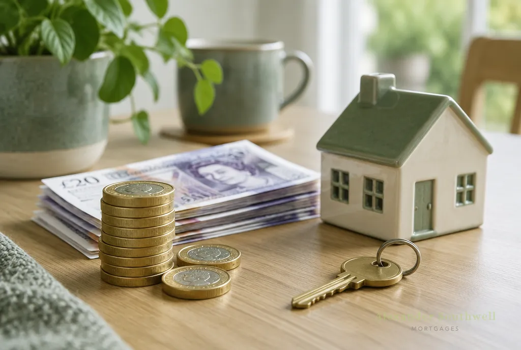 Family savings in pound coins and notes beside a model house and key, showing a savings backed guarantor mortgage