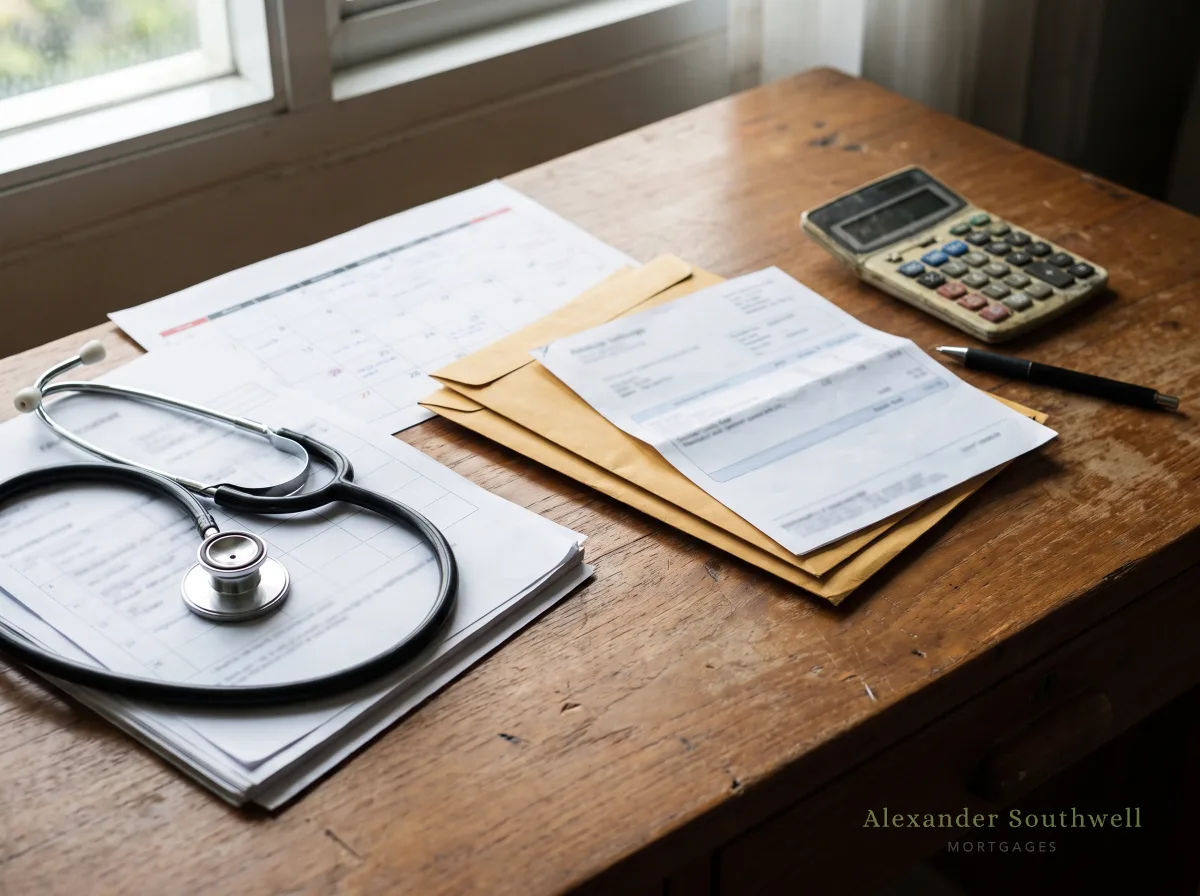 Stethoscope, work rota and payslips used when lenders assess mortgages for doctors
