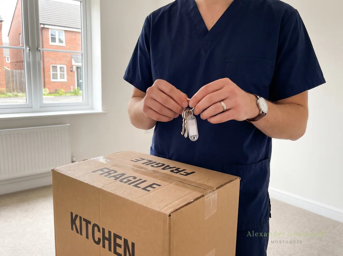 Junior doctor in scrubs holding the keys to a first home