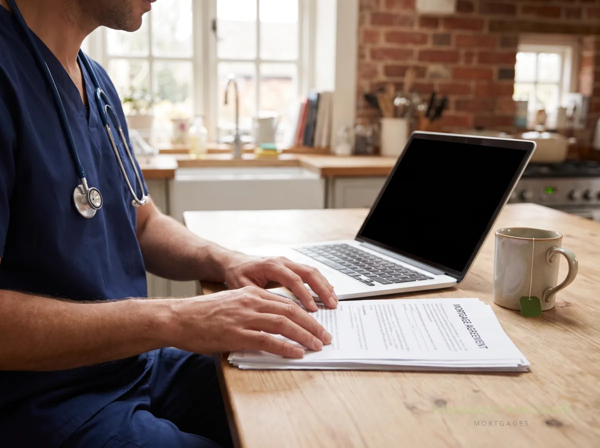 Doctor in scrubs reviewing mortgage paperwork at a kitchen table