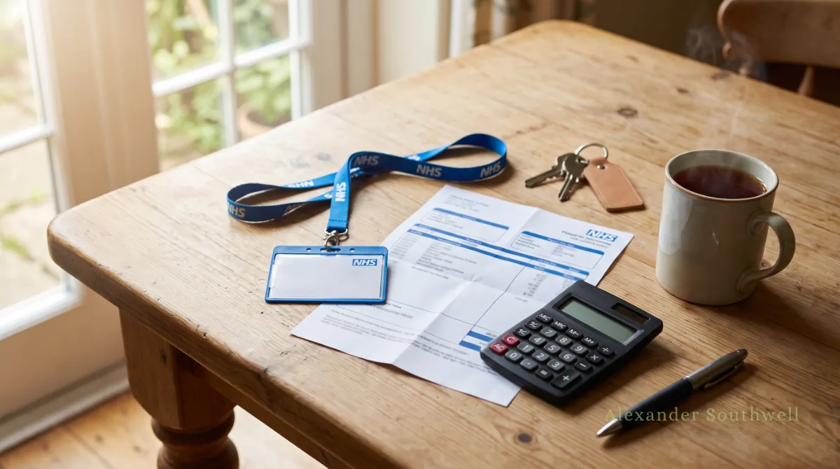 NHS staff lanyard, payslip, calculator and house keys on a kitchen table while planning an NHS mortgage