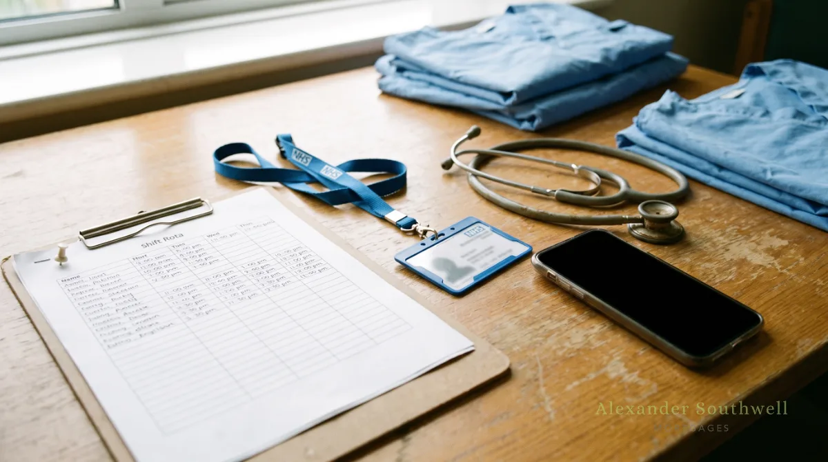 NHS shift rota, staff lanyard and scrubs on a staff room table, the income lenders assess for NHS mortgages