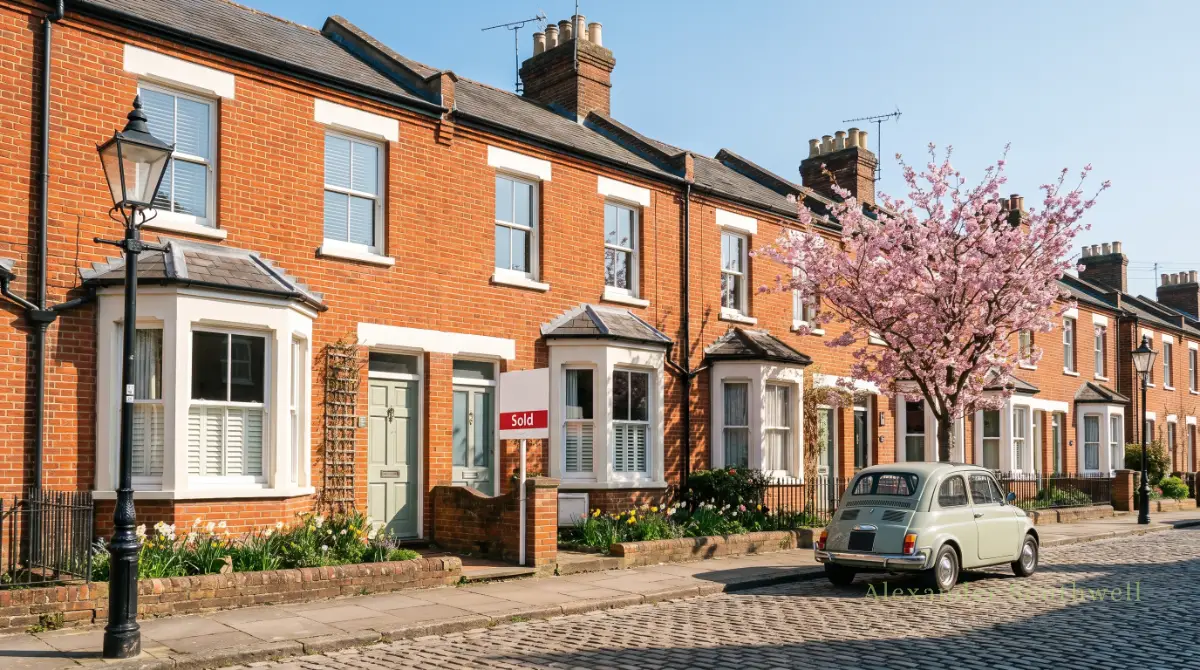 Row of red brick terraced houses with a sold board, the kind of first home NHS staff buy with our help