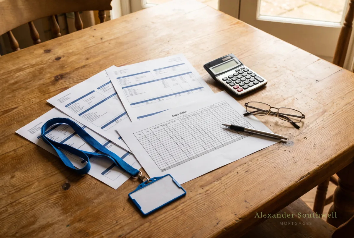 Payslips, shift rota and calculator used when lenders assess mortgages for nurses