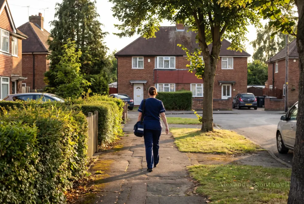 Nurse in scrubs walking up the path to a red brick home bought with a nurse mortgage