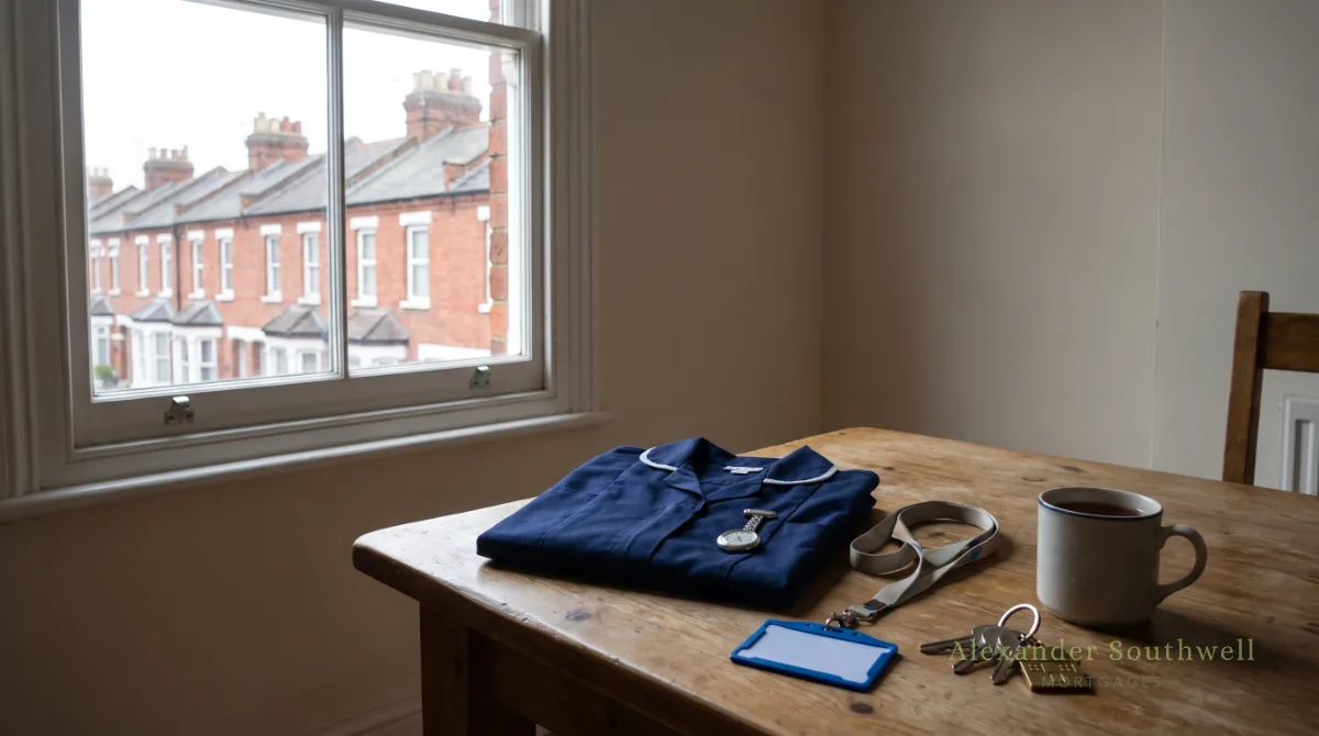Nurse's uniform, fob watch and house keys on a kitchen table, mortgages for nurses in the UK