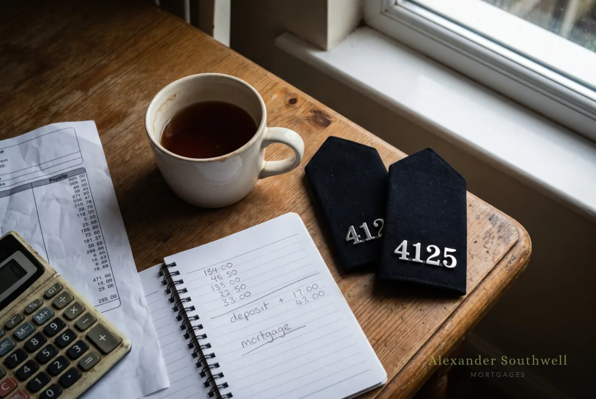 Police epaulettes, a payslip and a calculator on a kitchen table, the paperwork lenders use to assess police mortgages