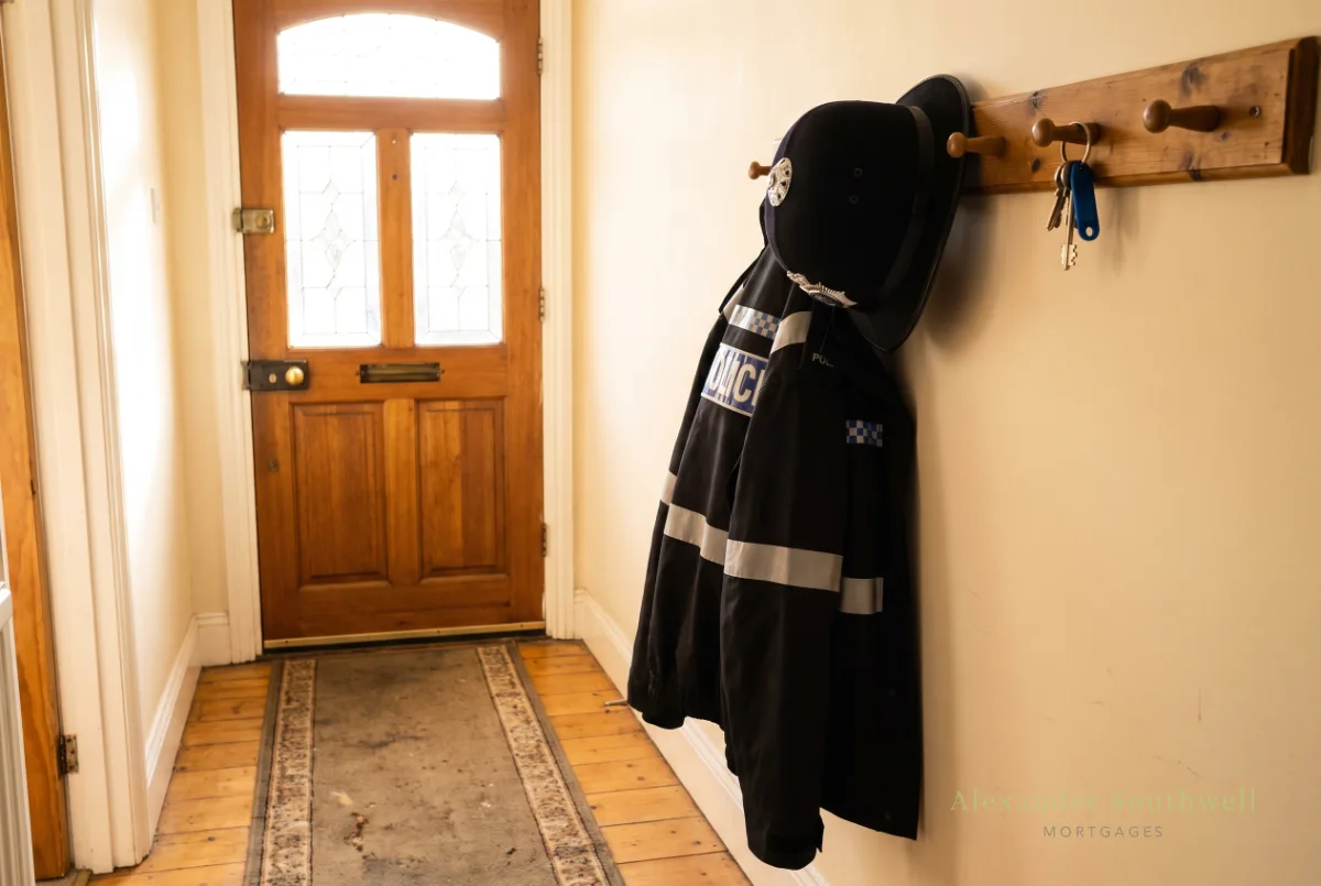 High visibility police jacket and hat hung by the front door of a new home, keys on the hook