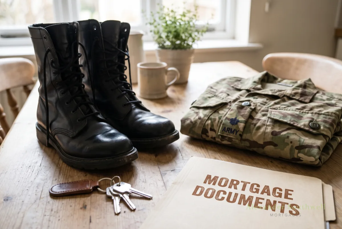 Polished army boots, house keys and a mortgage folder on a kitchen table, ready for a Forces Help to Buy application