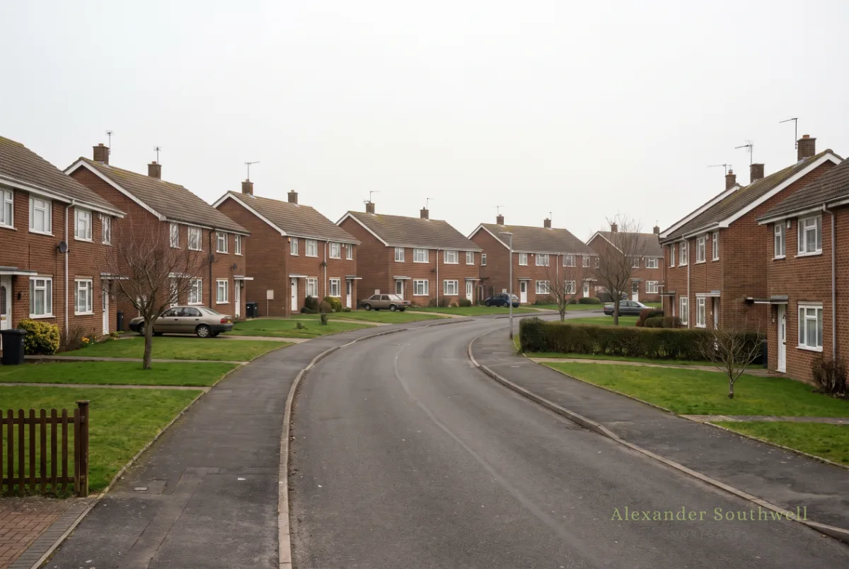 Street of service family accommodation houses on a military estate near Tidworth in Wiltshire
