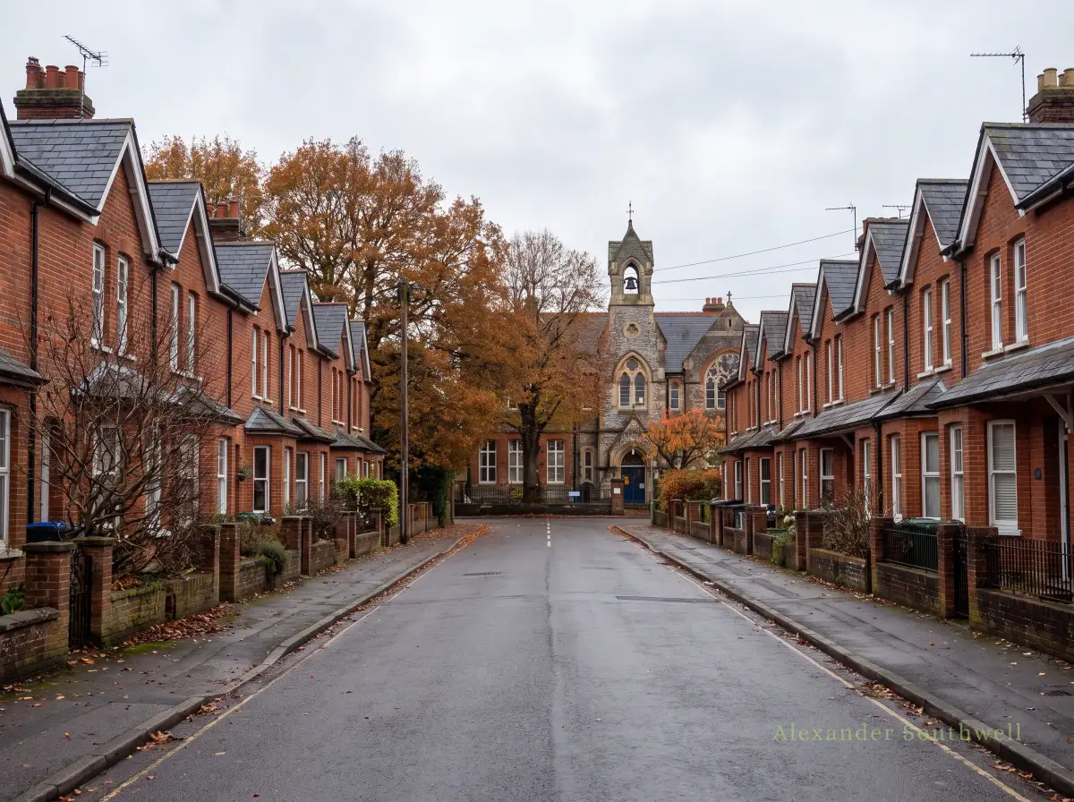 Red brick terraced houses on a street leading to a Victorian primary school