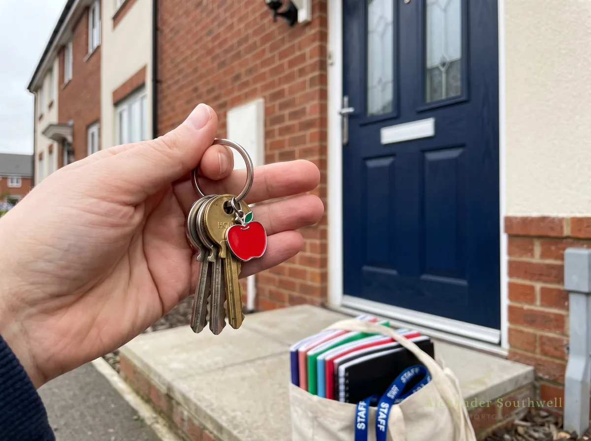 Newly qualified teacher holding the keys to a first home, with a school lanyard on the doorstep