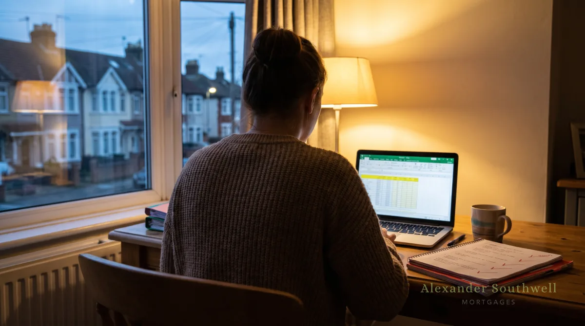Teacher working through mortgage figures on a laptop at home beside a pile of marking