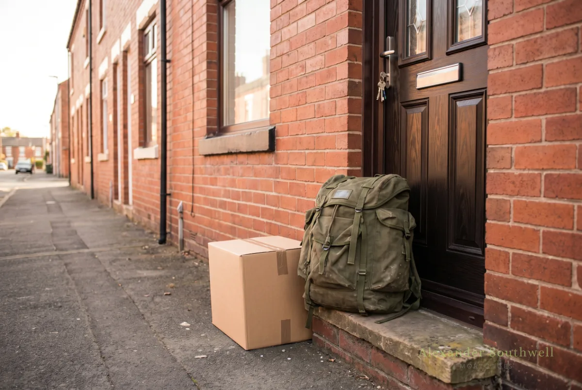 Military bergen and a moving box on the doorstep of a brick terraced house, a new home bought with an armed forces mortgage