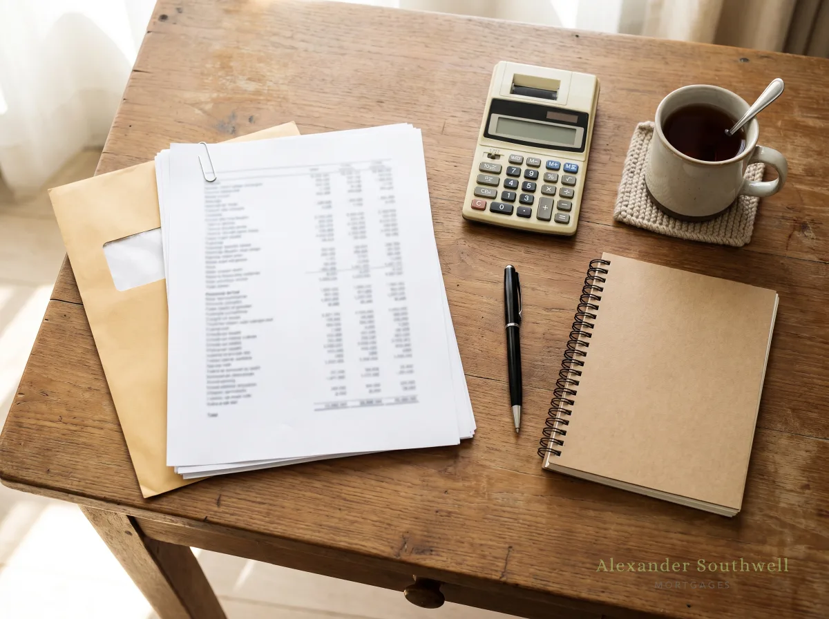 Payslips, a pension statement and a calculator on a desk