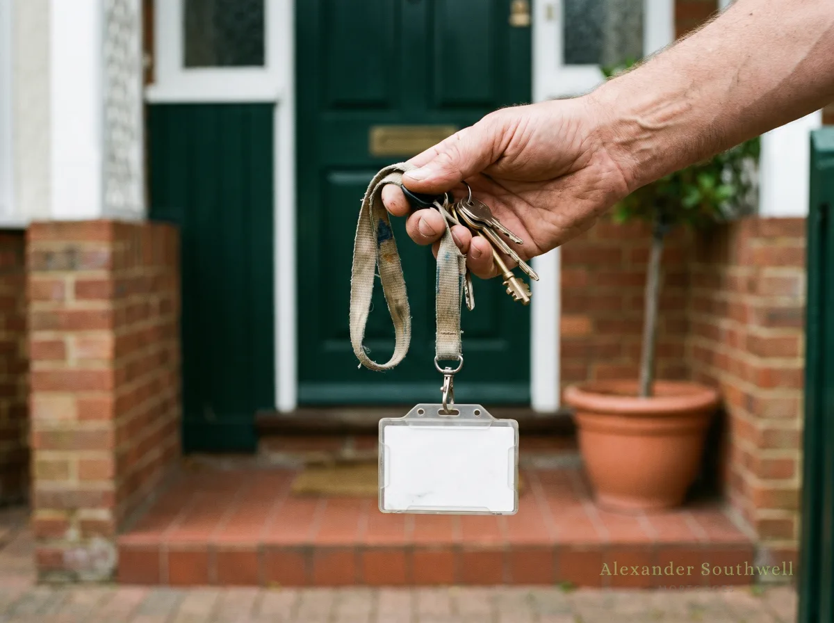 Hand holding house keys and a work lanyard outside a green front door