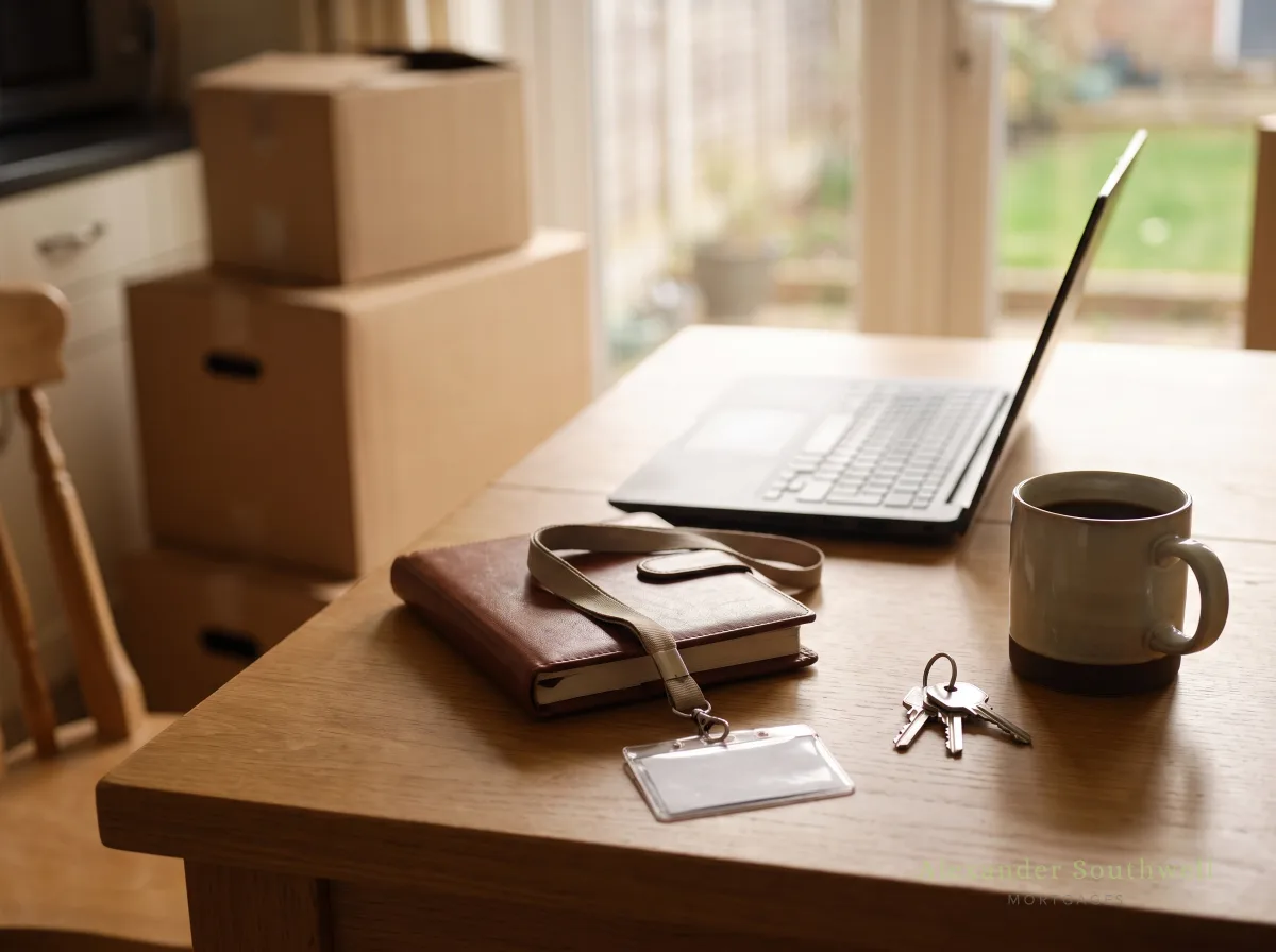Work diary, lanyard and new house keys on a kitchen table, mortgages for social workers in the UK