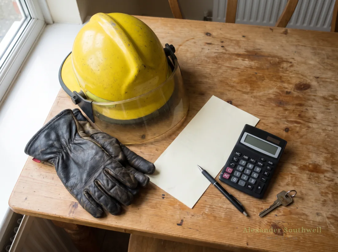 Yellow firefighter helmet, gloves, payslip and calculator on a kitchen table, the paperwork behind mortgages for firefighters