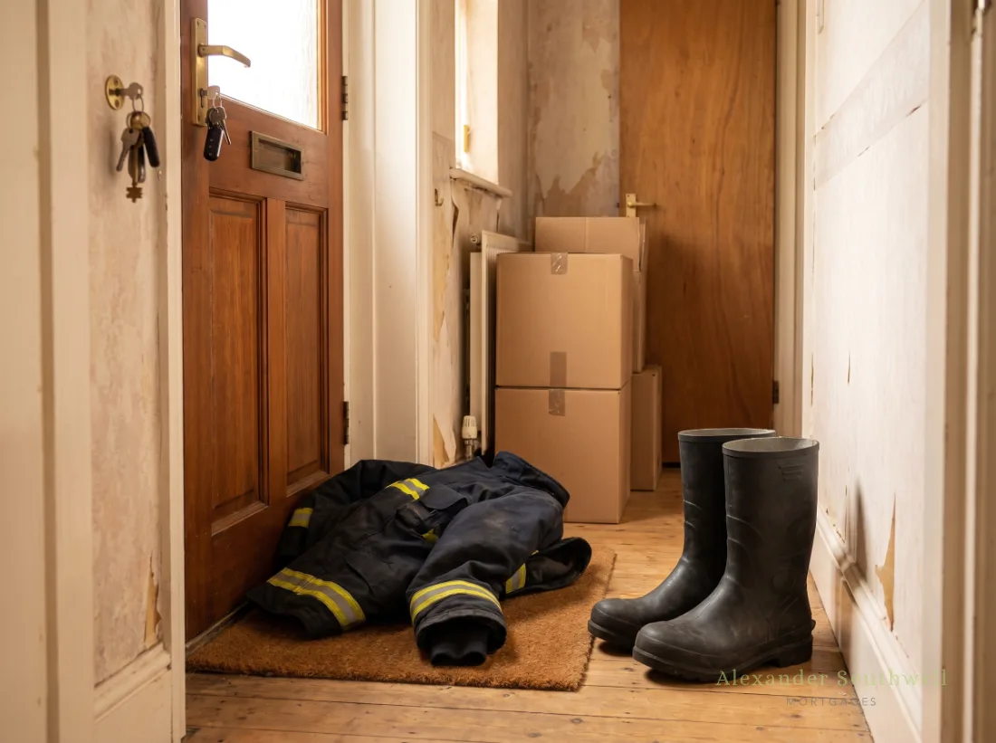 Fire tunic and boots in the hallway of a newly bought terraced home, moving boxes stacked behind