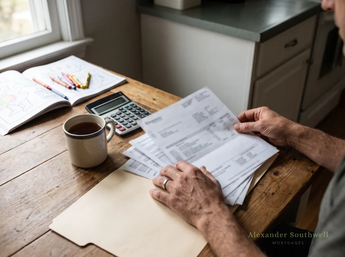 Foster carer checking fostering payment statements at the kitchen table before a mortgage application