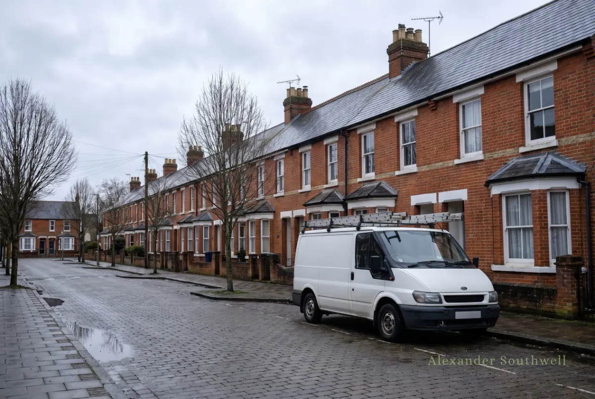 A self employed tradesman's van parked on a street of red brick terraced houses in Hampshire