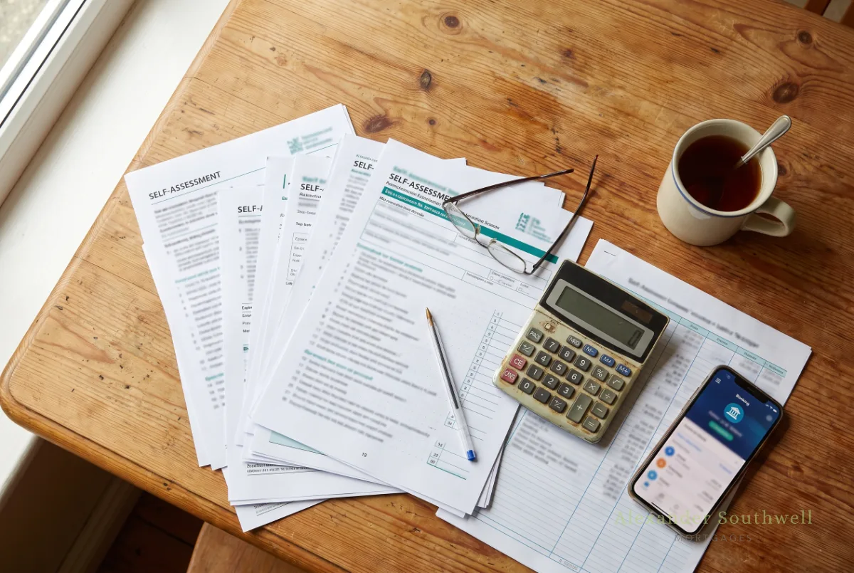 SA302 tax calculations and a calculator on a kitchen table, the paperwork lenders check for sole trader mortgages